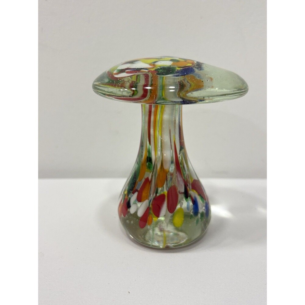 Vintage Hand Blown Art Glass Mushroom Paperweight Multicolor Confetti Millefiori